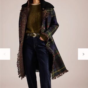 Free People Plaid Fringe Long Peacoat in Navy, Olive & Brown